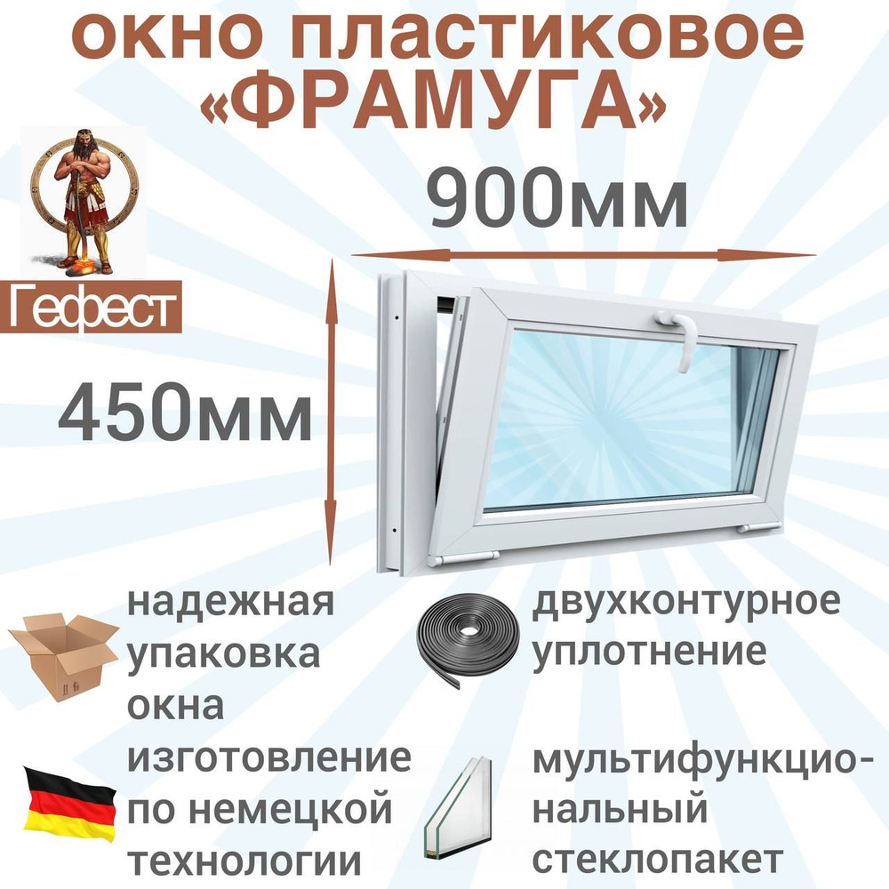 Пластиковое окно Рехау откидное, ПВХ, 900 х 450 мм, фрамуга 60 серии / стеклопакет в раме с ручкой для #1