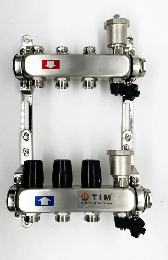 Коллектор для отопления из нержавеющей стали 1", 3 выхода с регулирующими и балансировочными клапанами #1