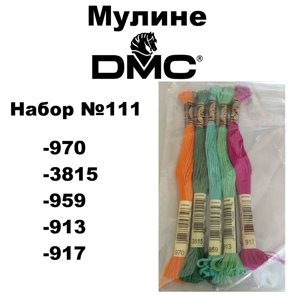 Нитки мулине DMC Embroidery для вышивания / Набор № 111 / цвета 970, 3815, 959, 913, 917  #1