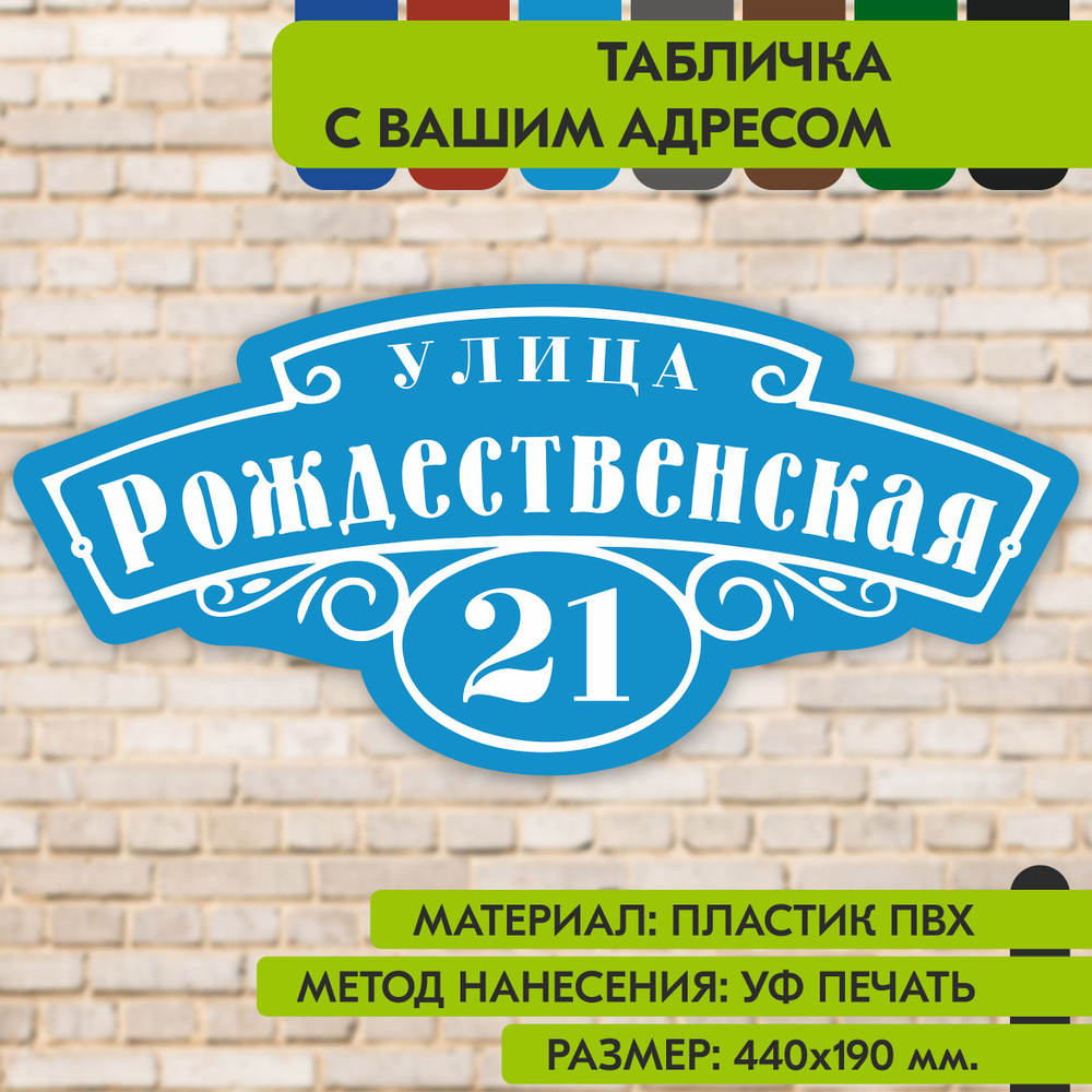 Адресная табличка на дом "Домовой знак" голубая, 440х190 мм., из пластика, УФ печать не выгорает  #1