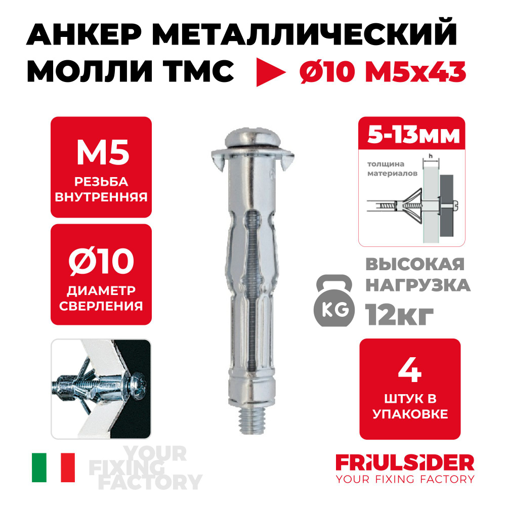 Анкер молли TMC 5x43 металлический для листовых материалов, гипсокартона (4 шт) - Friulsider  #1