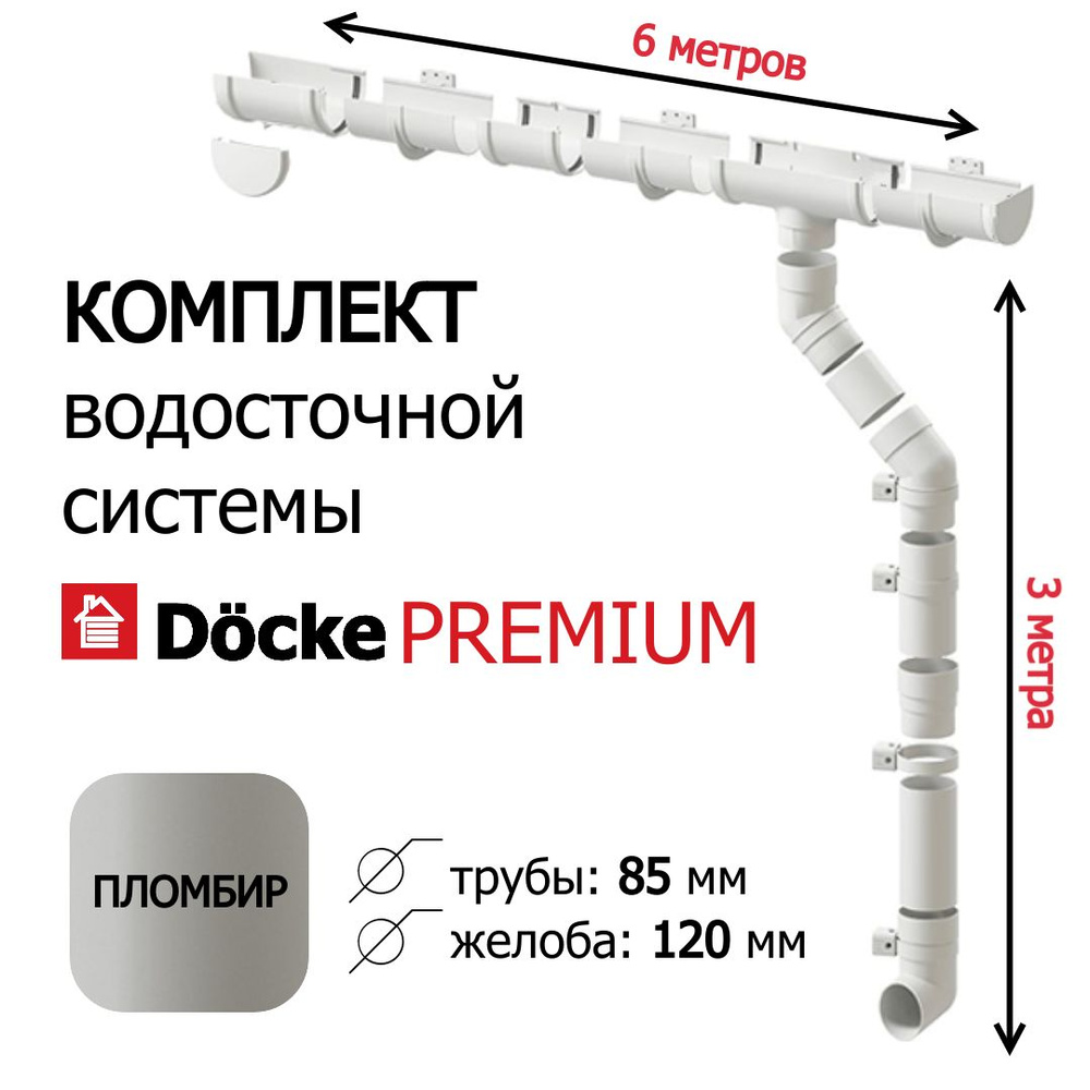 Водосточная система Docke Premium, 6м/3м, цвет пломбир, RAL 9003, пластиковый.  #1