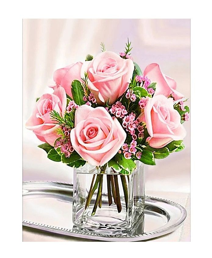 Алмазная мозаика с подрамником, Розовые розы в стеклянной вазе на подносе, 20х30 см, 6+  #1