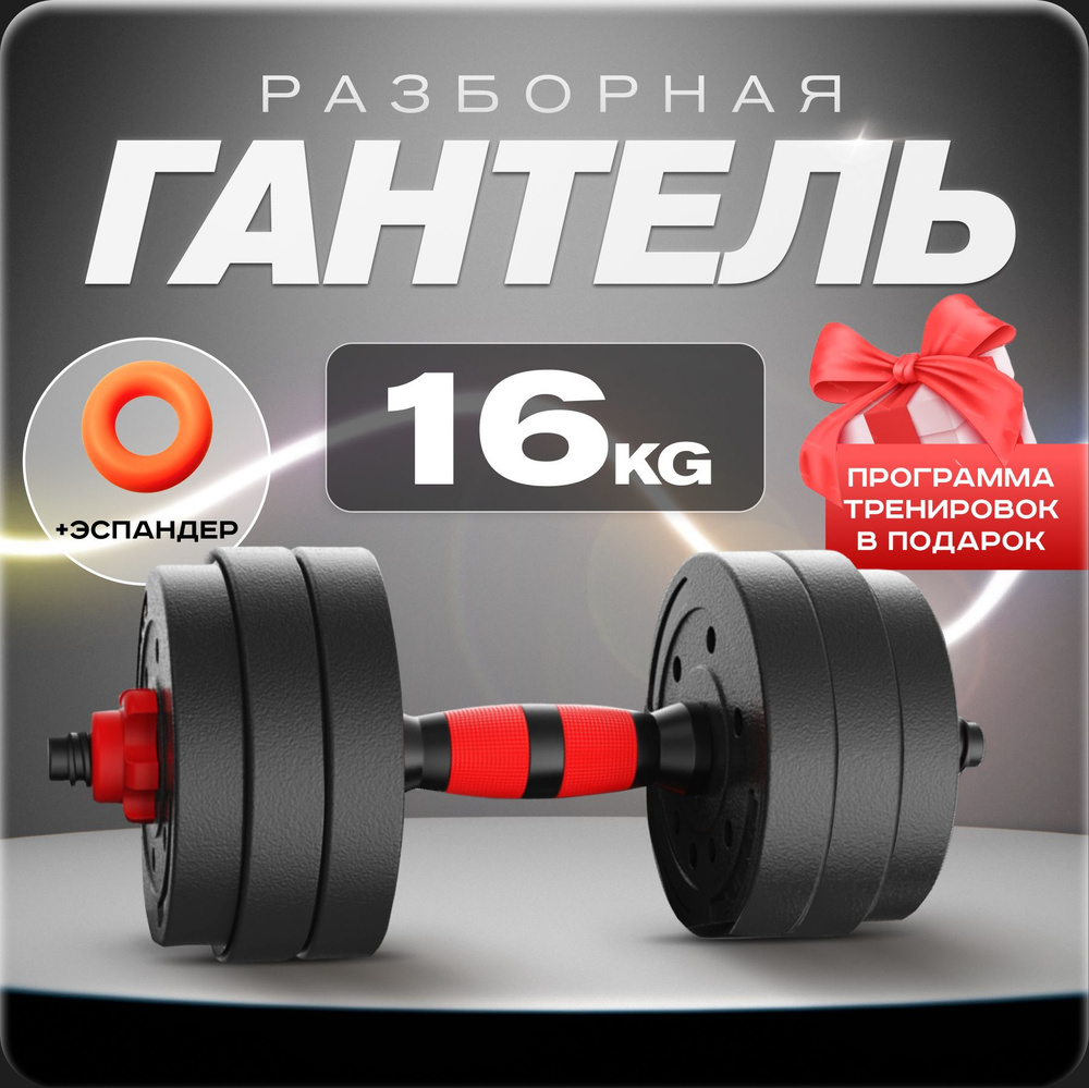 Гантель разборная 16,5 кг для фитнеса 1 шт. Гантели - трансформер, черный, красный цвет, для тренировок #1