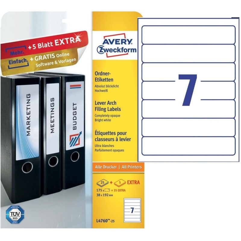 Этикетки Avery Zweckform Самоклеящиеся, для папок-регистраторов, белые, 38х192 мм, L4760-25, 175 шт  #1