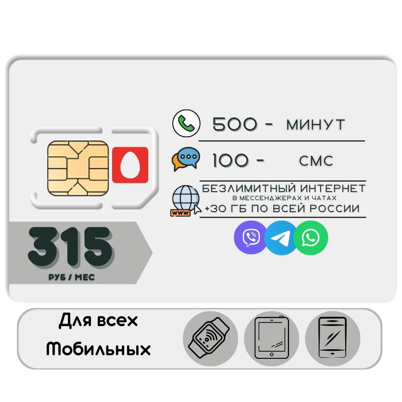 SIM-карта Комплект Сим карта Безлимитный интернет в мессенджерах и чатах 315 руб в месяц для любых мобильных #1