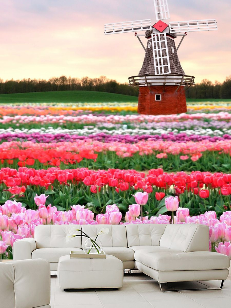 Фотообои поле с тюльпанами и мельницей на кухню 400х270 #1