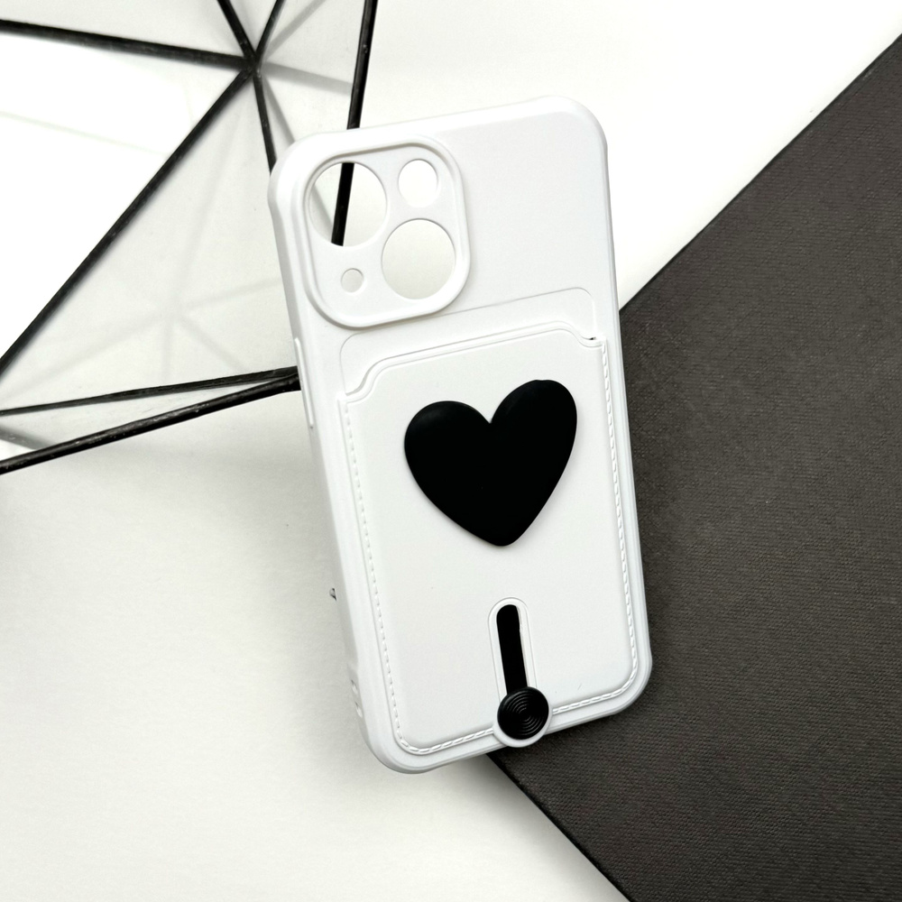 Чехол для iPhone 13 mini Белый с черным сердцем и подачей держателем для карт Soft-touch  #1