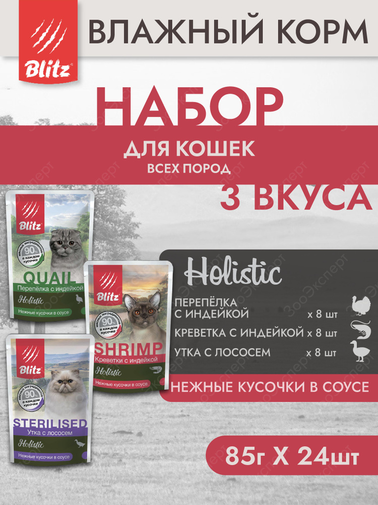 Корм влажный BLITZ Holistic для кошек Набор 3 вкуса кусочки в соусе пауч 85 г Х 24 шт.  #1