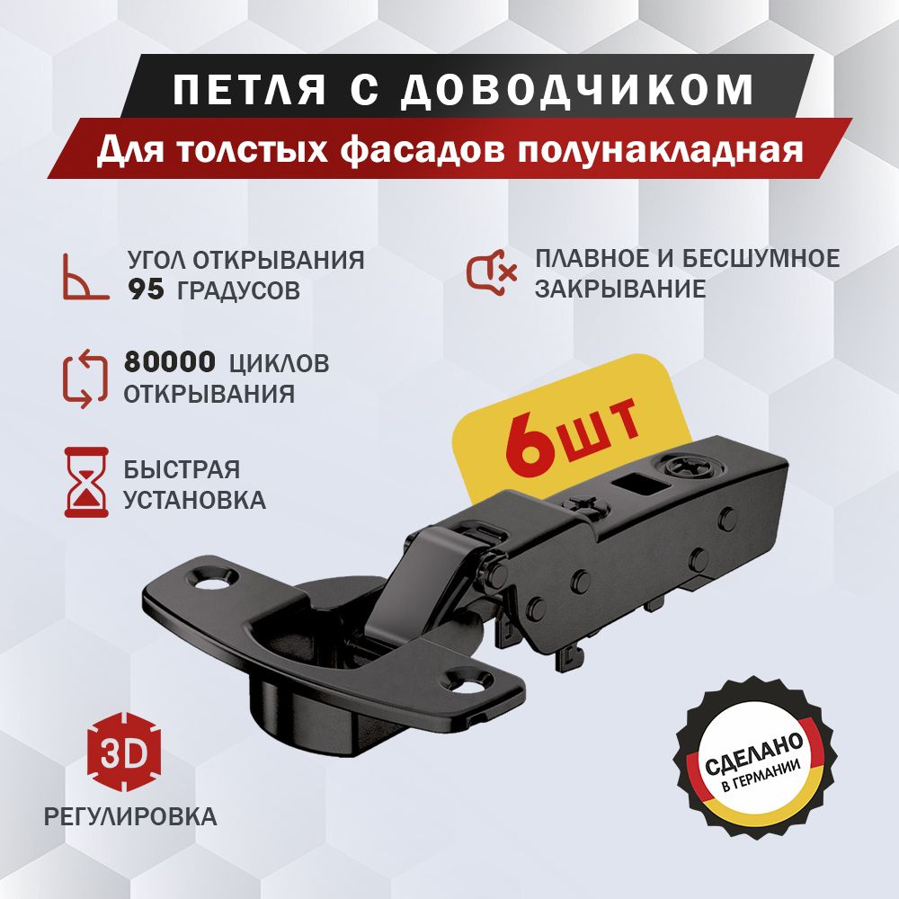 Петля мебельная Hettich Sensys 8631i Black для толстых фасадов полунакладная, угол открывания 95 градусов, #1