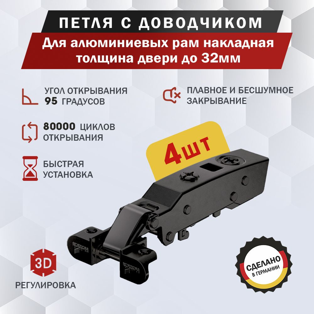 Петля мебельная Hettich Sensys 8631i Black для алюминиевых рам накладная, угол открывания 95 градусов, #1