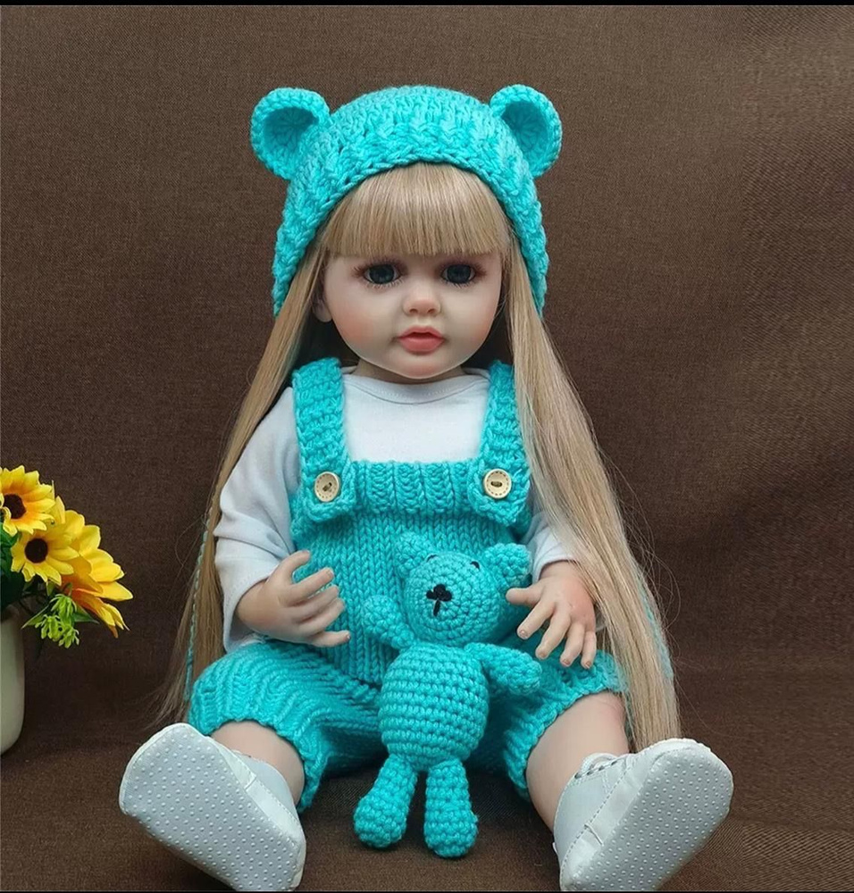 Кукла reborn силиконовая блондинка в голубом комбинезоне интерактивная  #1
