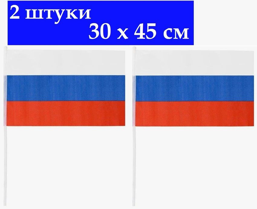 Флаг РОССИИ, 2 штуки, 30х45 см, ручной, на палочке. Набор флажков Россия  #1