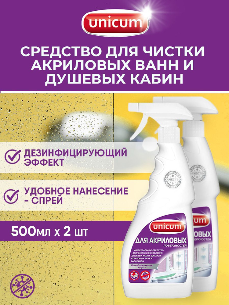 Unicum Средство для чистки акриловых ванн и душевых кабин 500мл спрей*2шт  #1
