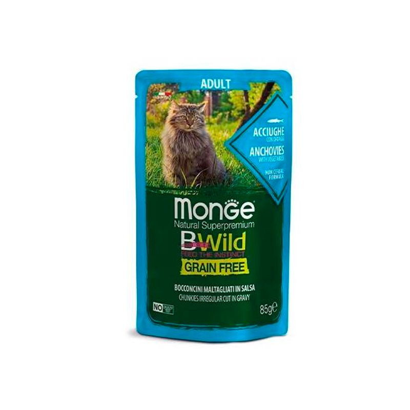 Влажный корм для кошек Monge BWILD Feed the Instinct, беззерновой, с анчоусом, с овощами (кусочки в соусе), #1