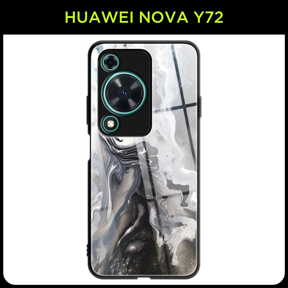 Стеклянный чехол на Huawei Nova Y72 / Хуавей Нова Y72 с принтом "Черный мрамор с разводами"  #1