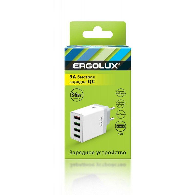 Ergolux Сетевой адаптер 36Вт, 4USB, 100-220В, 5-9V/3А, 1QC+3/3А, Белый #1