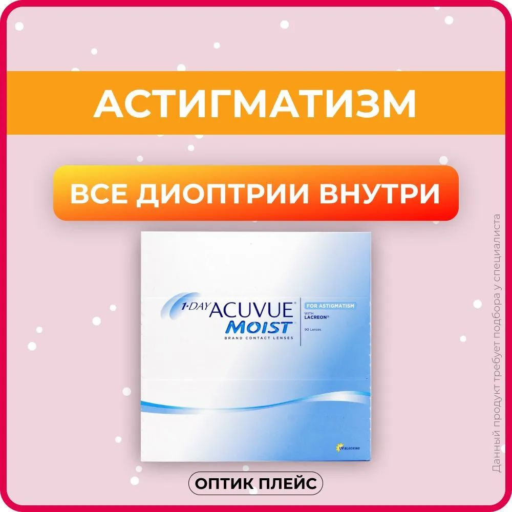 Астигматические линзы ACUVUE 1-Day Moist for Astigmatism (90 линз) Ось 90, Оптическая сила цилиндра -0.75 #1