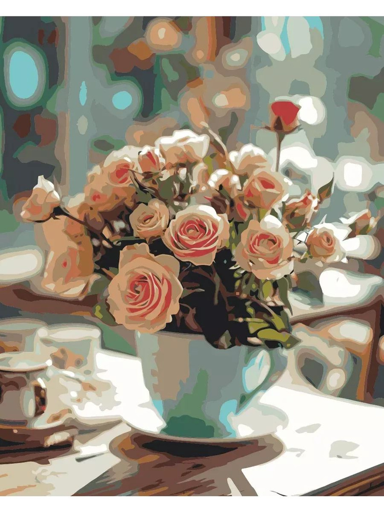 Картина по номерам Розы в чашке Размер 40х50, на холсте на деревянном подрамнике, Акриловые краски  #1