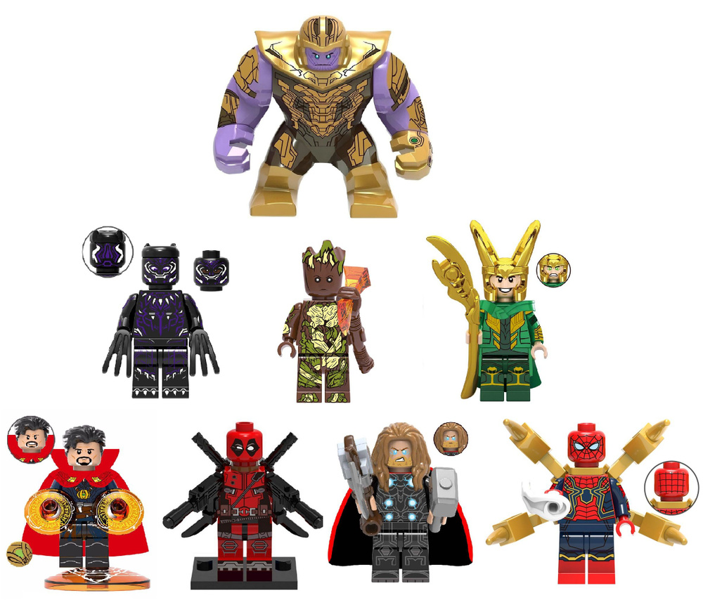 Набор минифигурок Мстители Лига Справедливости / Танос, Тор, Человек Паук, Дэдпул, Локи, Доктор Стрендж, #1