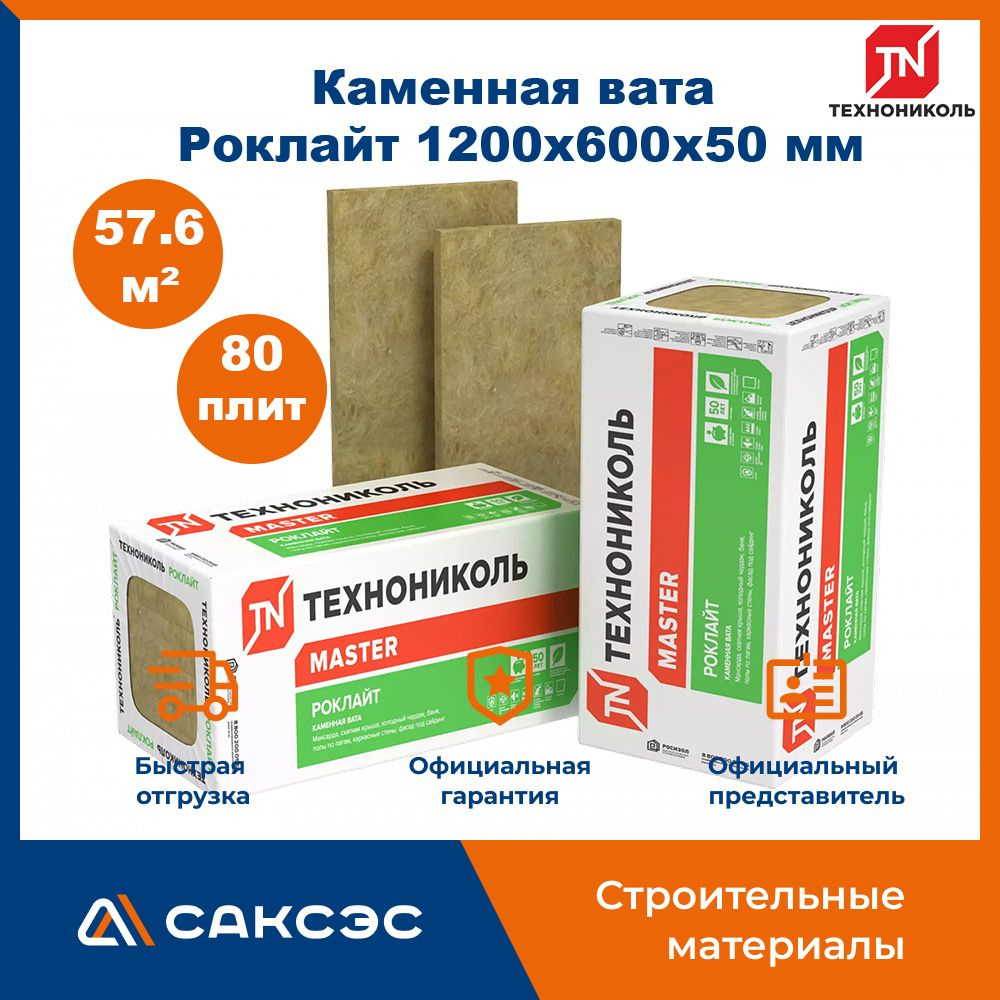 Утеплитель из каменной ваты Технониколь Роклайт 1200х600х50, 8 плит, 5,76 м2, 10 упаковок / базальтовый #1