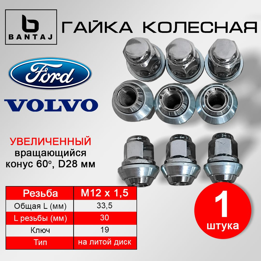 Гайка колесная BANTAJ M12X1.5 ключ 19 на литой диск Форд MAZDA VOLVO #1