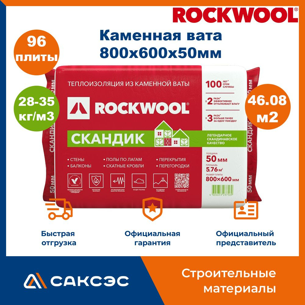 Каменная вата утеплитель Роквул Лайт Баттс Скандик 800х600х50мм, 96 плит, 46.08 м2 / Утеплитель Rockwool #1