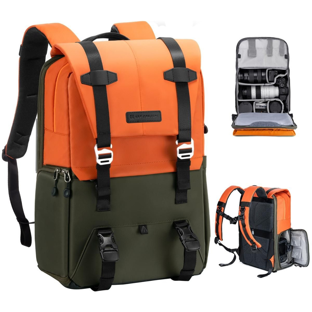 Фоторюкзак, сумка для фотоаппарата 20 зелено-оранжевая K&F Concept (KF13.087AV1)  #1