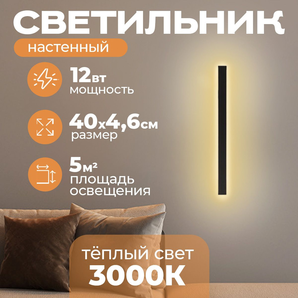 Светильник настенный светодиодный Unica Black 400x46 мм, 12W, 3000K #1