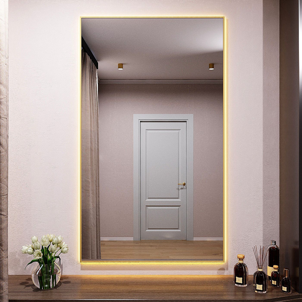 Зеркало с подсветкой в алюминиевой раме настенное Market.House 140х90 см. Свет: Теплый белый 3000К. Золото #1
