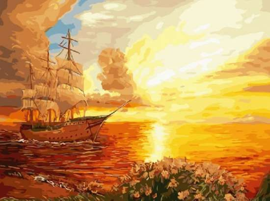 Картина по номерам на холсте 40х50 40 x 50 на подрамнике "Корабль подплывающий к берегу на закате" DVEKARTINKI #1