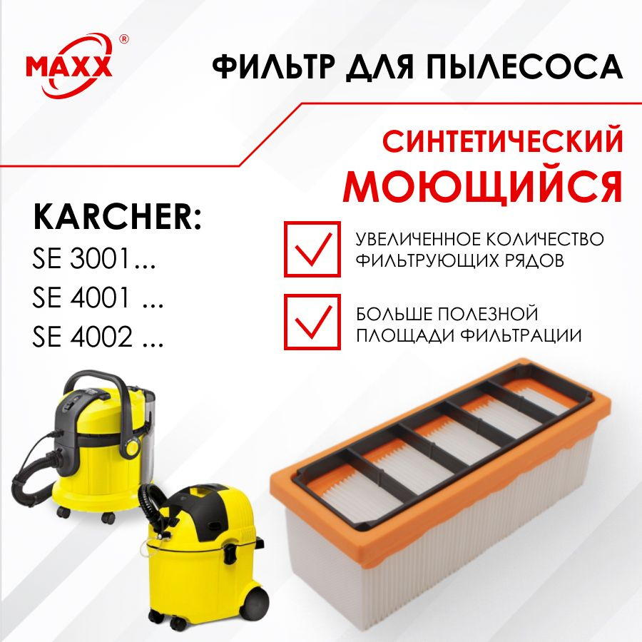 Плоский складчатый фильтр. Синтетический, моющийся для пылесоса Karcher SE 2001, 3001, 4001, 4002  #1