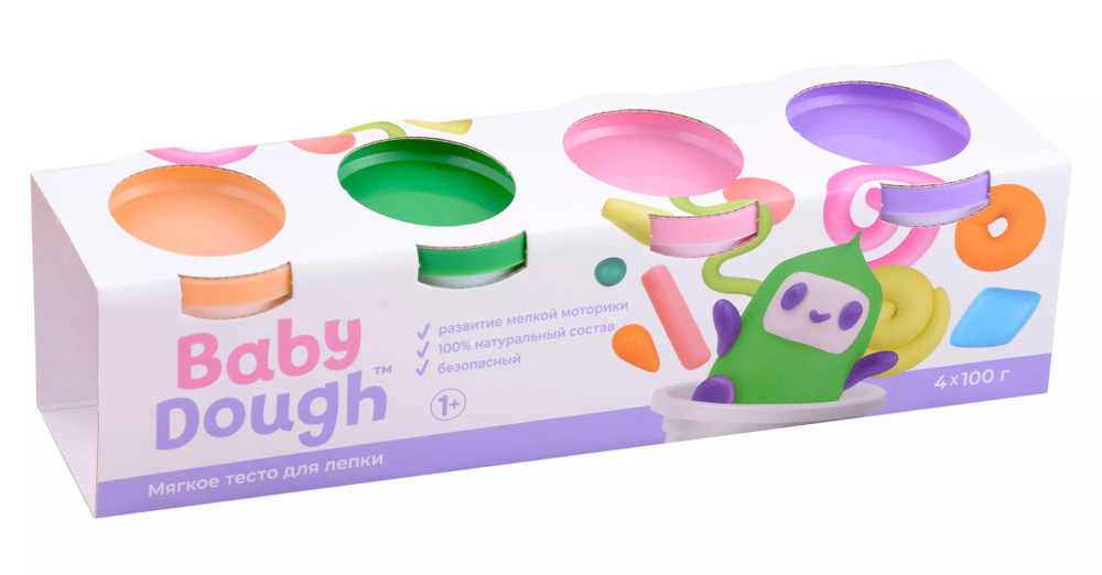 Тесто для лепки BabyDough. Набор 4 цвета (персиковый, зеленый, нежно-розовый, фиолетовый)  #1
