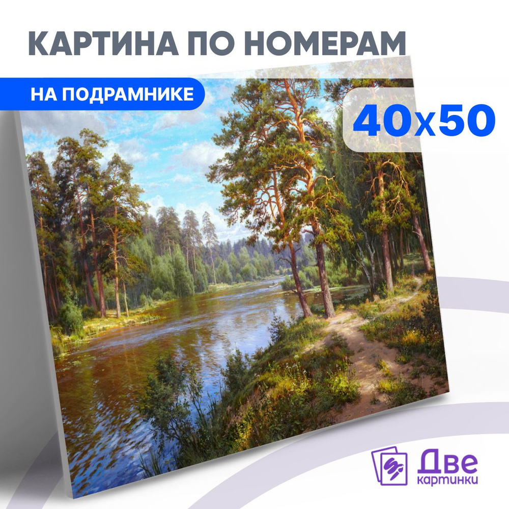 Картина по номерам на холсте 40x50 40 х 50 с подрамником "Красивый пейзаж в сосновом лесу. Басов"  #1