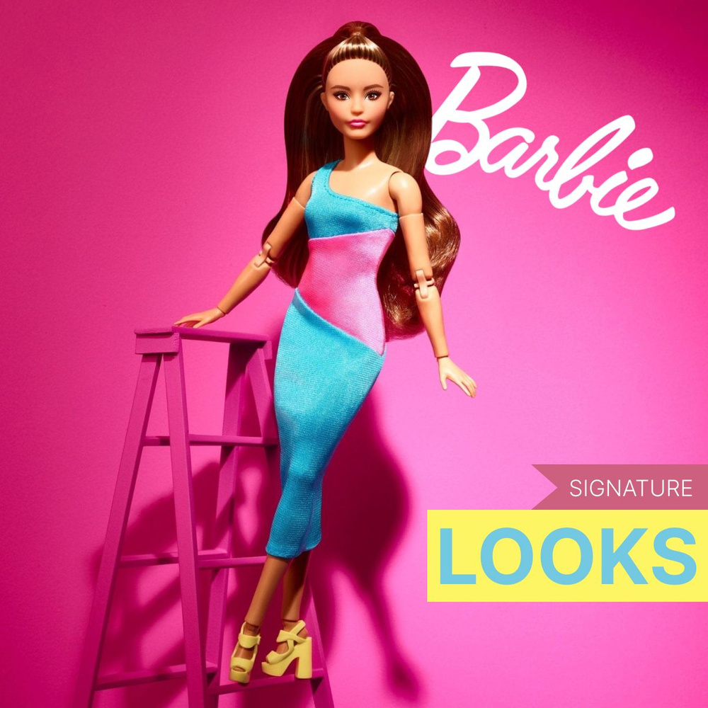 Шарнирная кукла Barbie Signature Looks HJW82 брюнетка № 15 в платье миди с одним плечом  #1