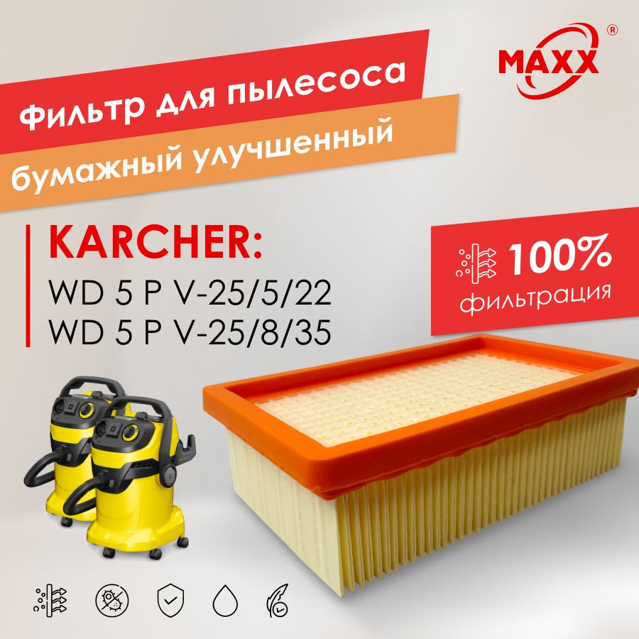 Плоский складчатый фильтр PRO бумажный улучшенный для пылесоса Karcher WD 5 P V-25/5/22, Karcher WD 5 #1