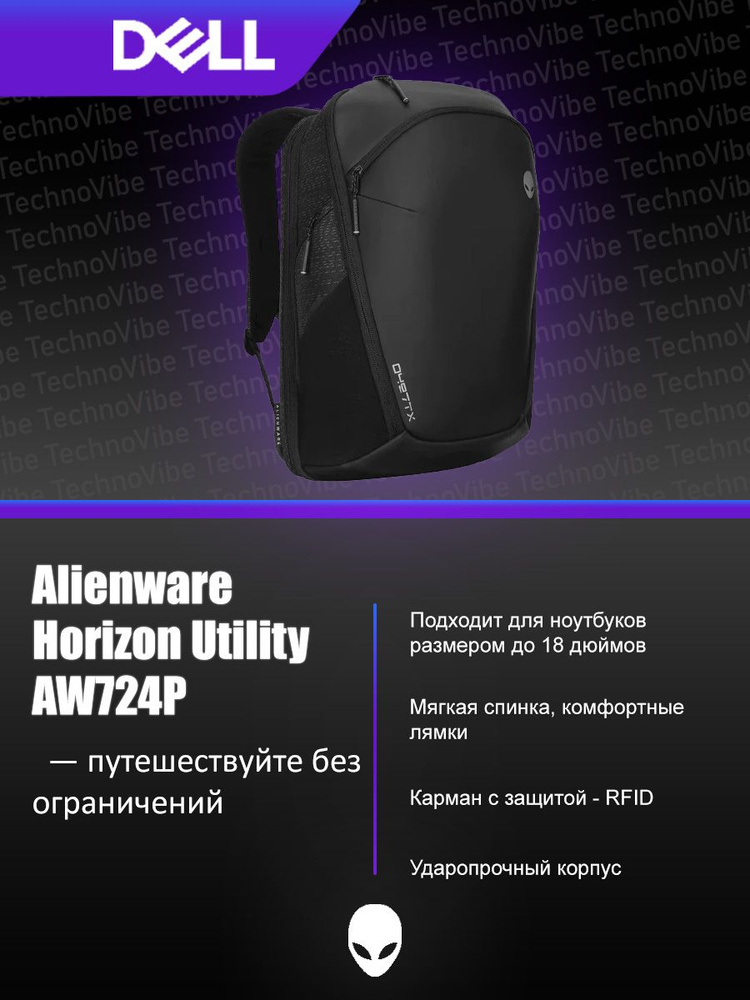 Рюкзак Dell Backpack Alienware Horizon Utility aw724P для Alienware M18 R1/R2, черный (18" дюймовб)  #1