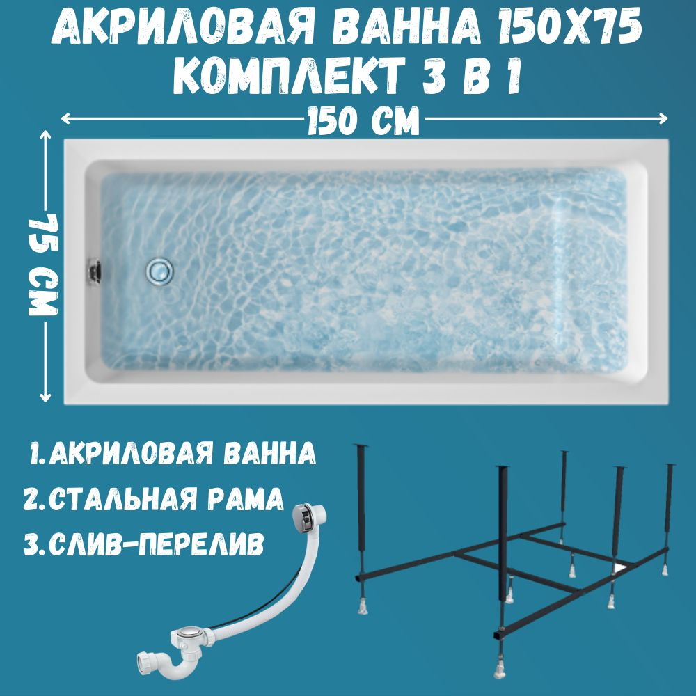 Ванна акриловая 150х75 см 1MARKA ВIANCA в наборе 3 в 1: Прямоугольная ванна, усиленный металлический #1