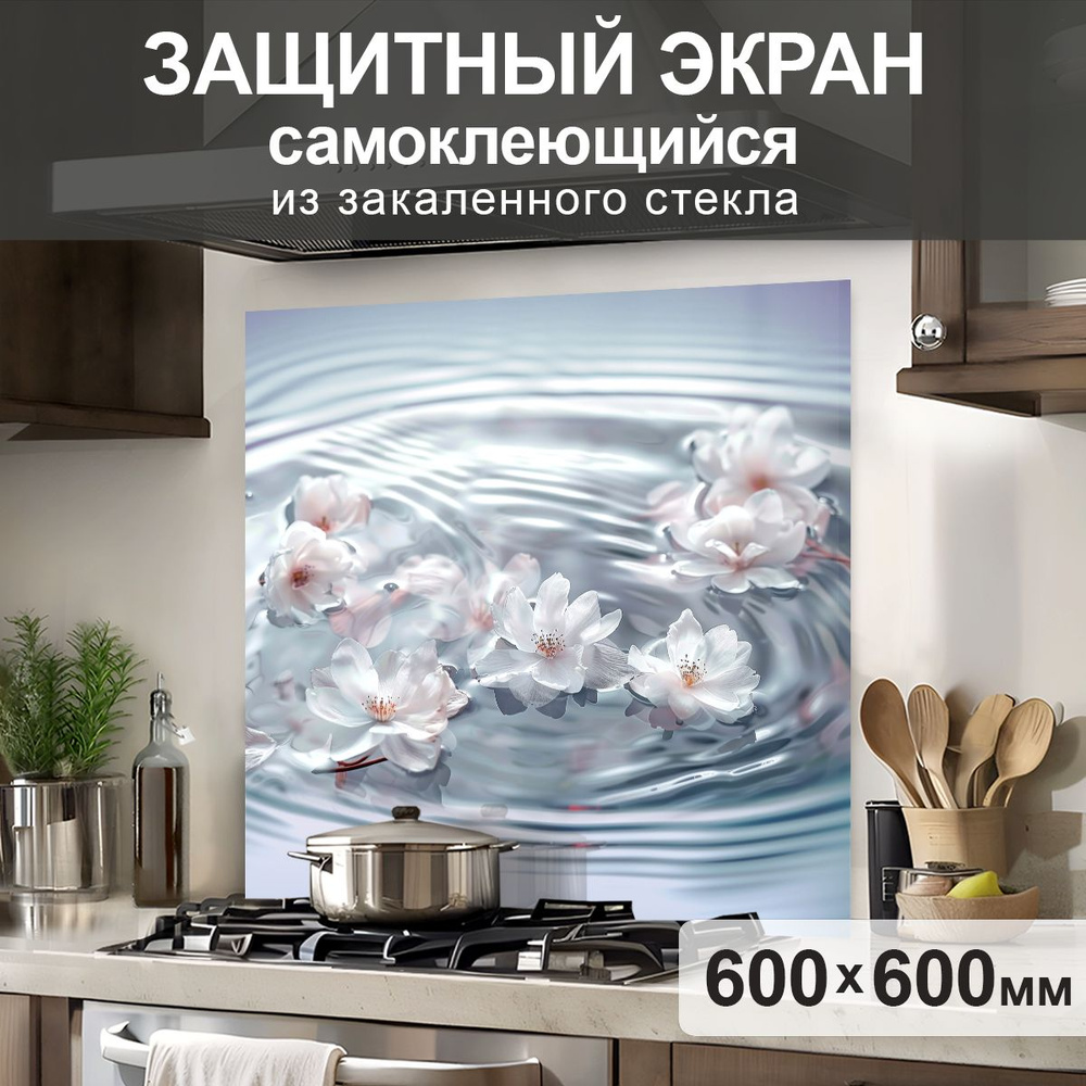 Защитный экран от брызг на плиту 600х600х4мм. Стеновая панель для кухни из закаленного стекла. Фартук #1