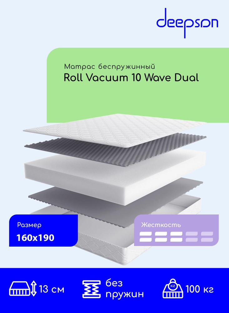 Deepson Матрас , Ортопедический Deepson Roll Vacuum 10 Wave Dual средней жесткости, Двуспальный, Беспружинный, #1