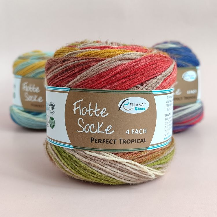 Пряжа Rellana Flotte Socke 4f. Perfect Tropical, цвет 1795, 1 шт. (75%шерсть, 25% полиамид; 100 гр/420 #1