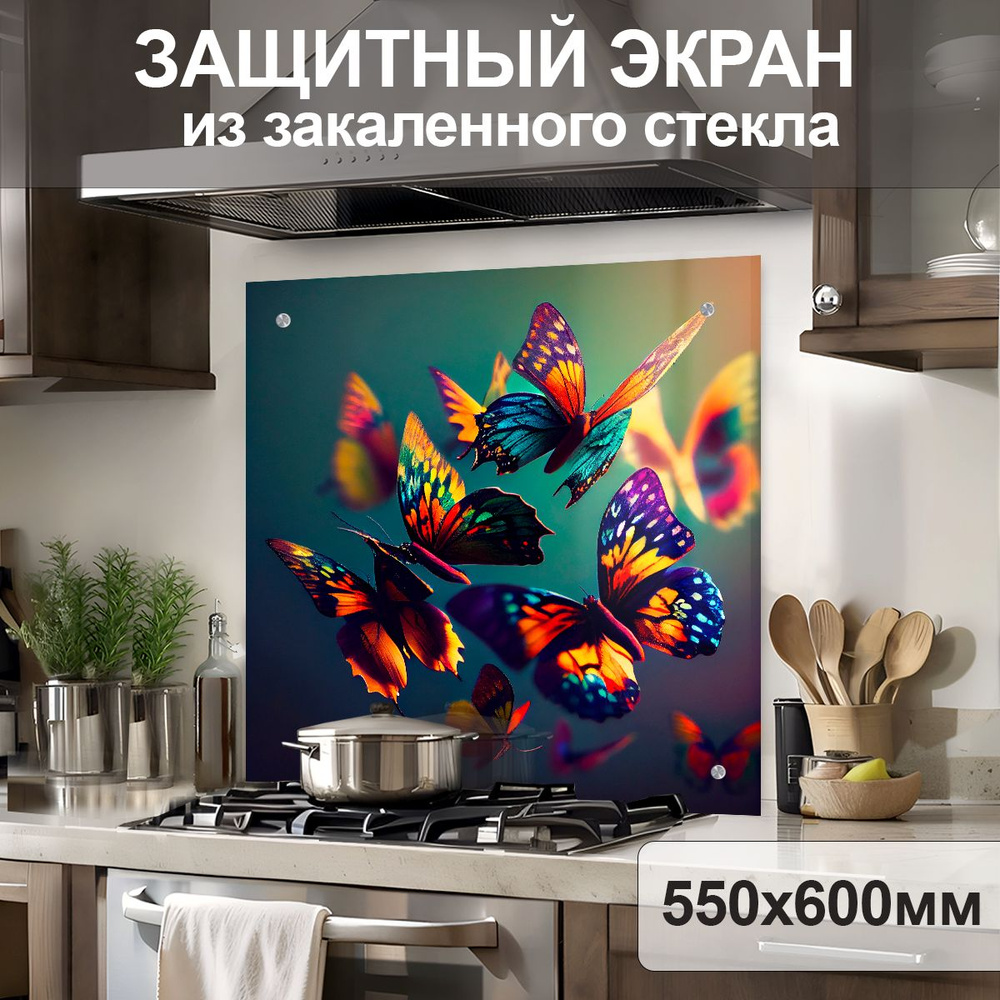 Защитный экран от брызг на плиту 600х550х4мм. Стеновая панель для кухни из закаленного стекла. Фартук #1