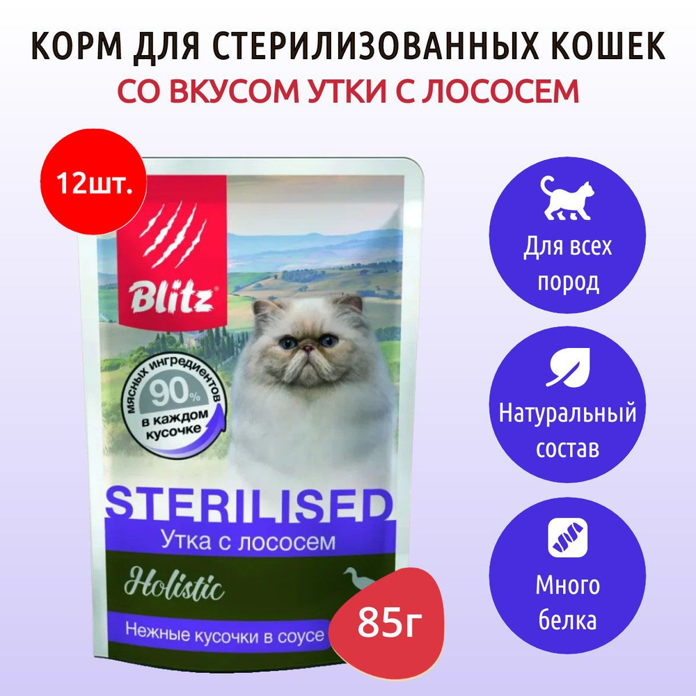 Влажный корм Blitz Holistic Sterilised 1020 г (12 упаковок по 85 грамм) для стерилизованных кошек и кастрированных #1