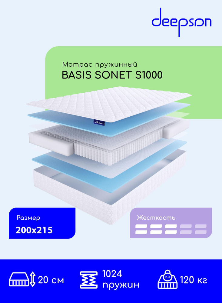 Deepson BASIS SONET S1000 средней жесткости, Двуспальный, Беспружинный, На кровать 200x215  #1