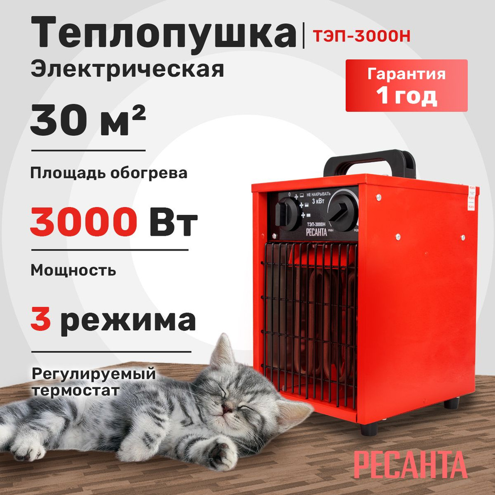 Электрическая тепловая пушка РЕСАНТА ТЭП-3000Н, обогреватель для дома  #1