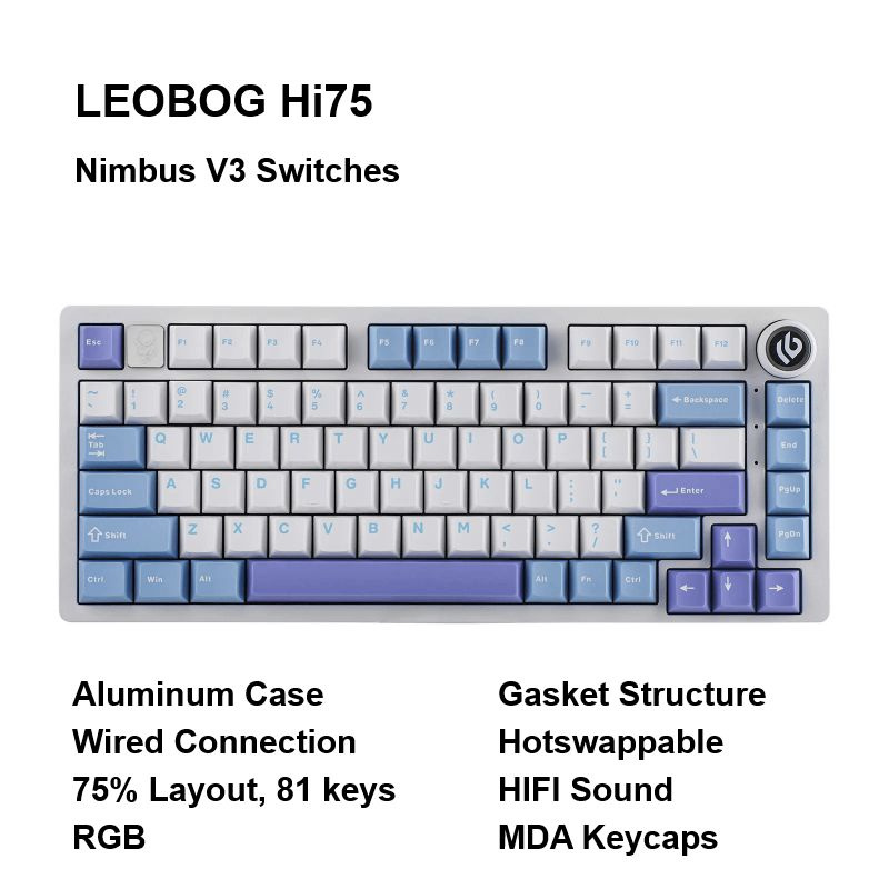 LEOBOG Игровая клавиатура проводная Hi75, Milky White Purple, Nimbus V3 Switches, MDA Keycaps, Английская #1