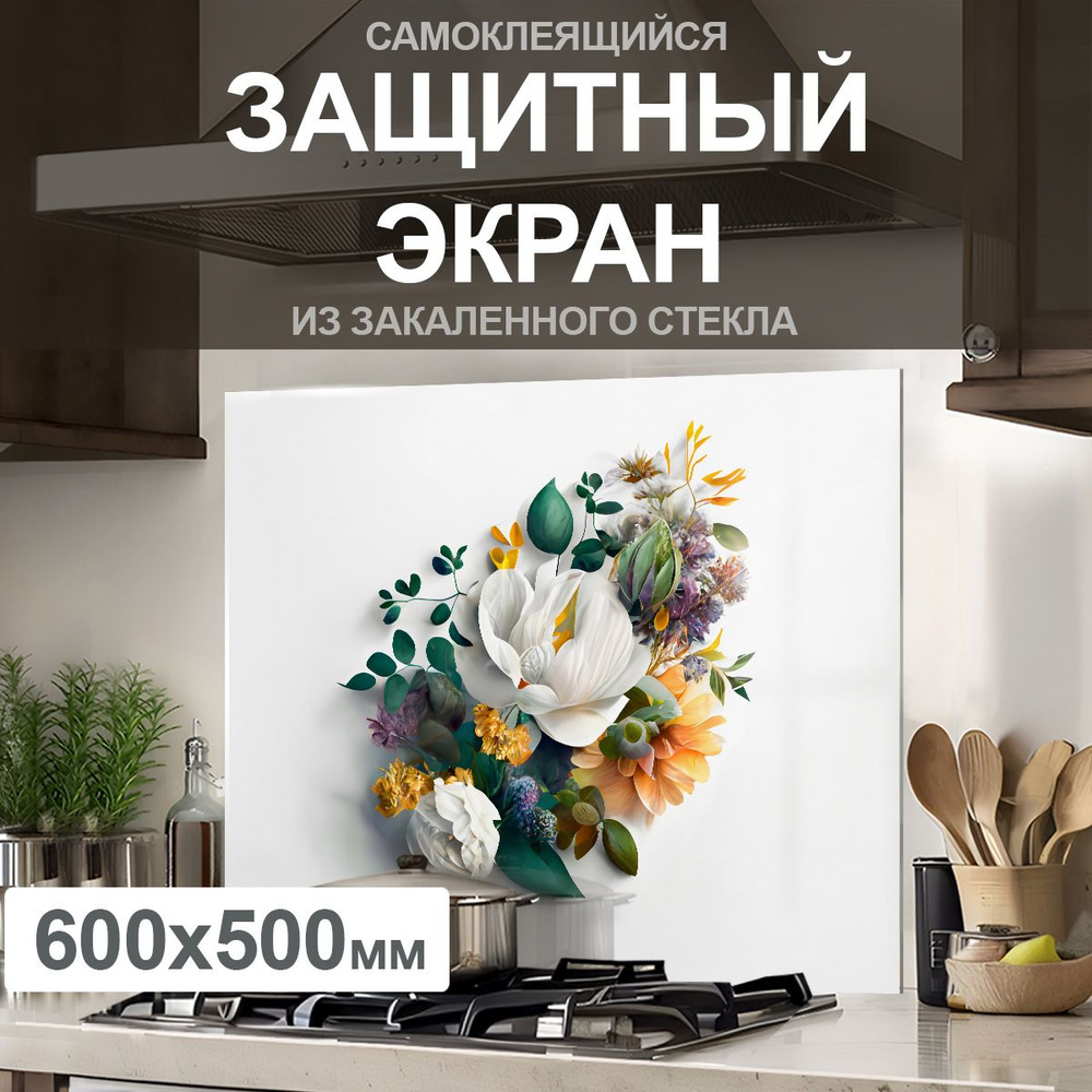 Защитный экран от брызг на плиту 600х500х4мм. Стеновая панель для кухни из закаленного стекла. Фартук #1