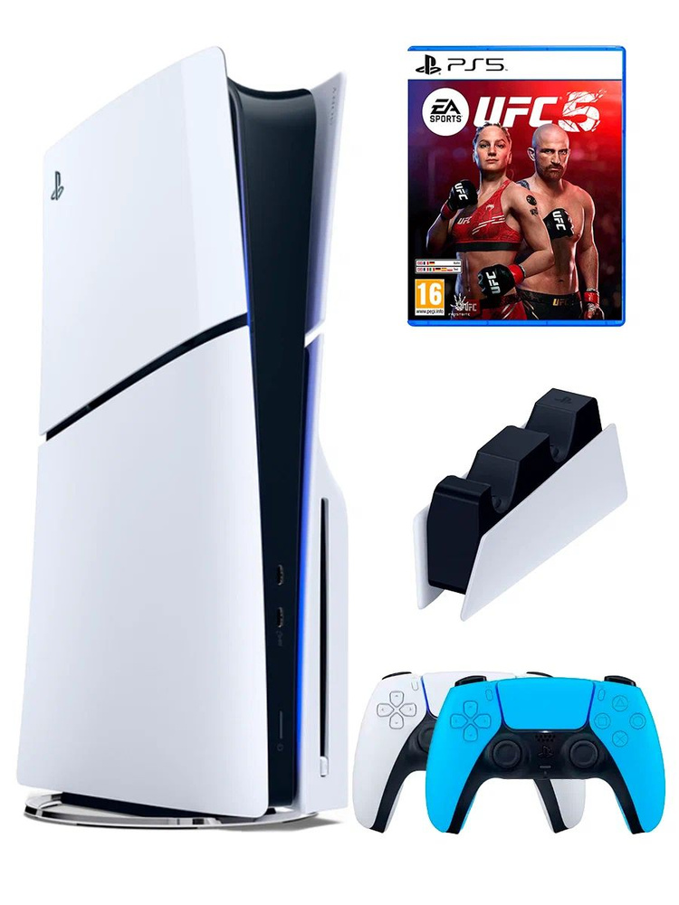 PS5 (ПС5) Игровая приставка Sony PlayStation 5 Slim +2-й геймпад(голубой)+зарядное+игра UFC 5, 1000ГБ #1