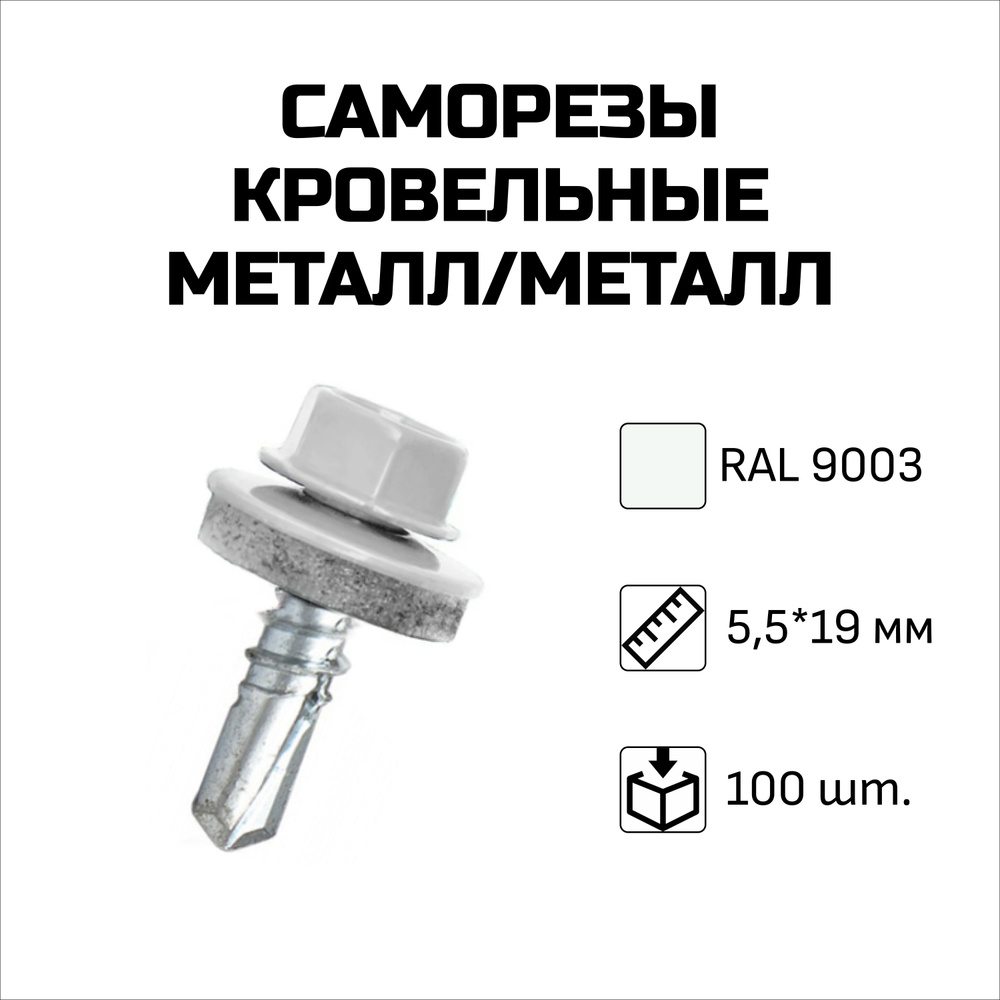 Саморезы кровельные, 5.5 x 19 мм, RAL 9003 Сигнальный белый, 100 шт.  #1