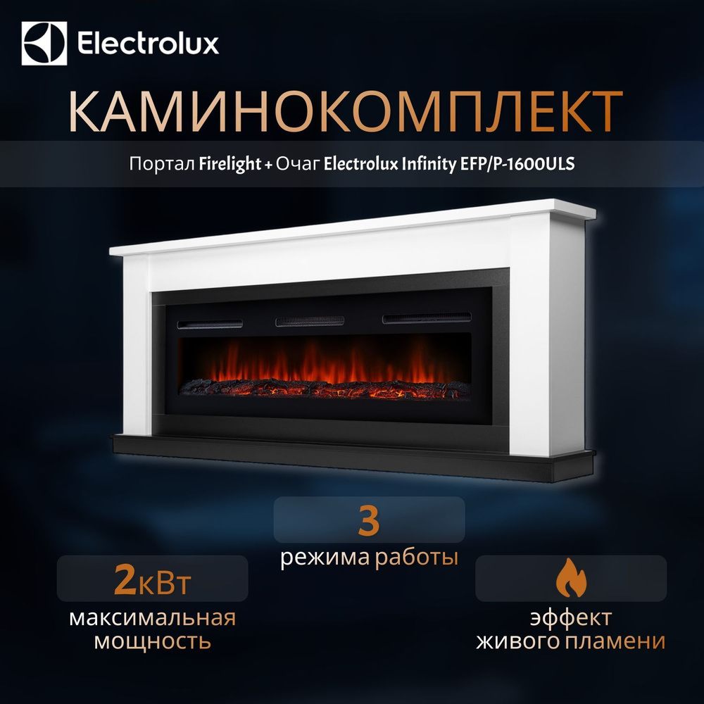 Каминокомплект: Очаг электрический Electrolux Infinity EFP/P-1600ULS, портал Firelight Canto Long белый, #1